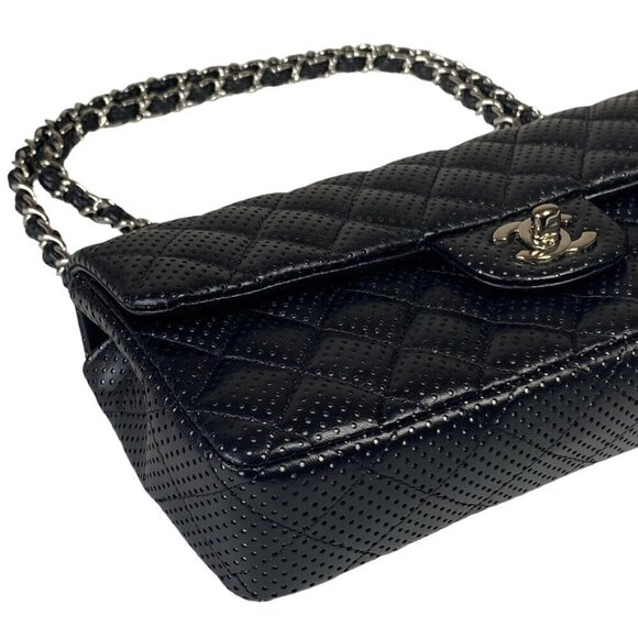 Chanel East West Classic Shoulder Flap Bag Black Quilted Perforated Leather - Picture 6 of 16